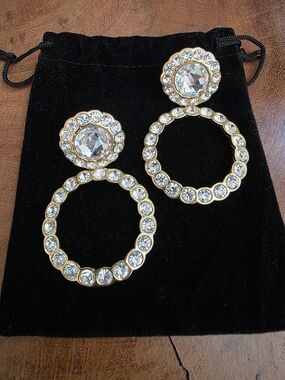 Rare Christian Dior Gold Plated Clear Crystal Hoop Drop Earrings